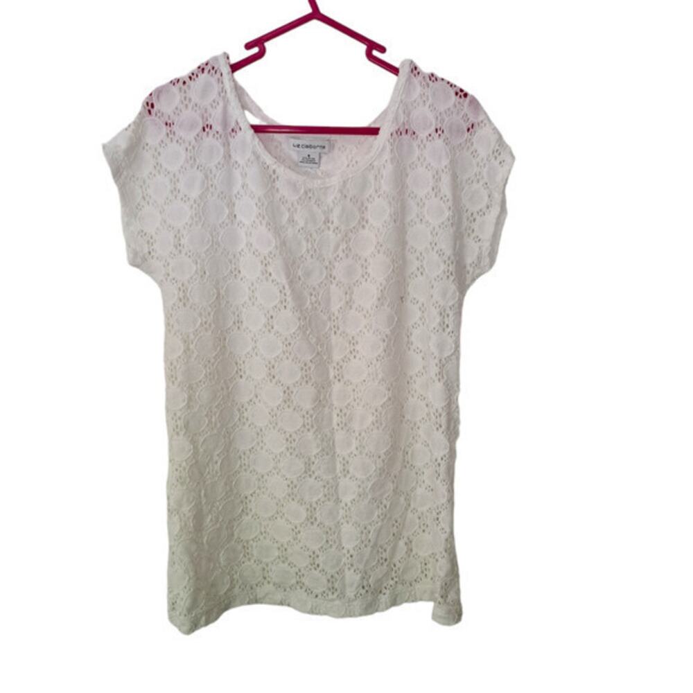 Liz‎ Claiborne Womens Cap Sleeve See Thru Crew Neck Lace Blouse White Size Small